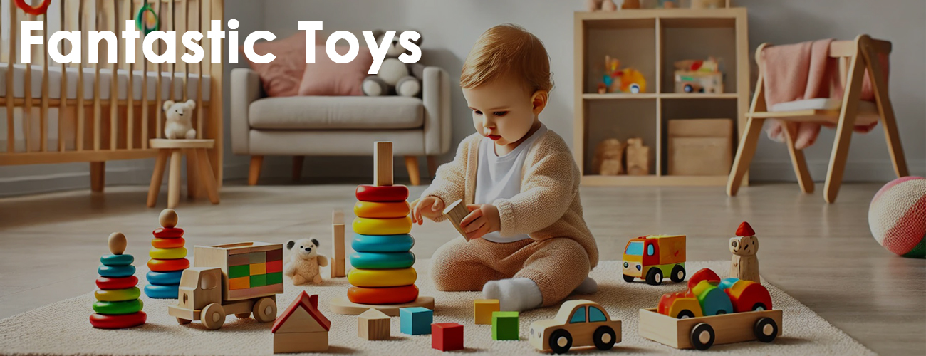 Baby with wooden toys